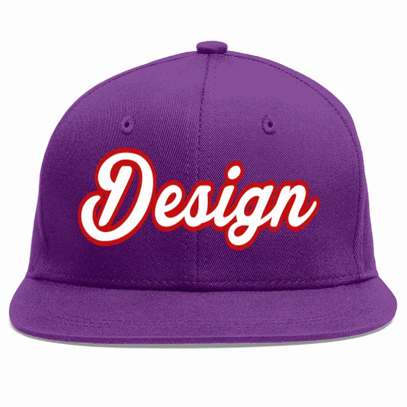 Baseball Cap With Personalized Fan Gear-Custom Purple White-Red Flat Eaves Sport Baseball Cap Design for Men/Women/Youth