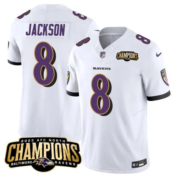 Football Jersey For Fundraising Campaigns-Men's Baltimore Ravens #8 Lamar Jackson White 2023 F.U.S.E. AFC North Champions Vapor Limited Football Stitched Jersey