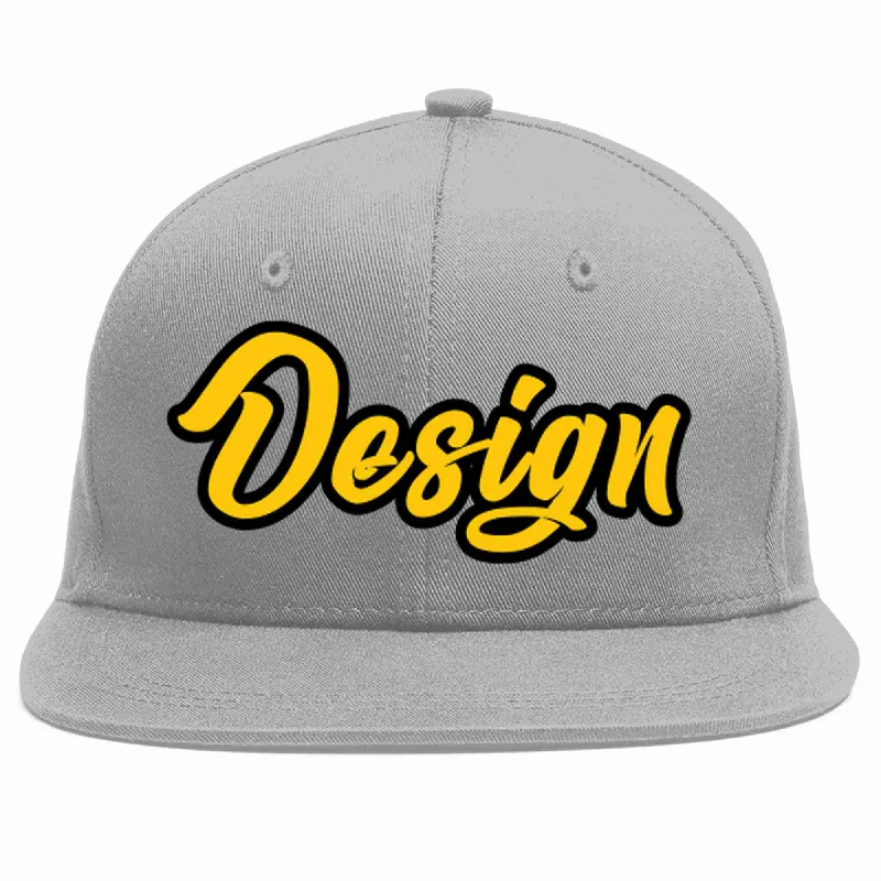 Baseball Cap For Team Merchandise-Custom Gray Gold-Black Flat Eaves Sport Baseball Cap Design for Men/Women/Youth