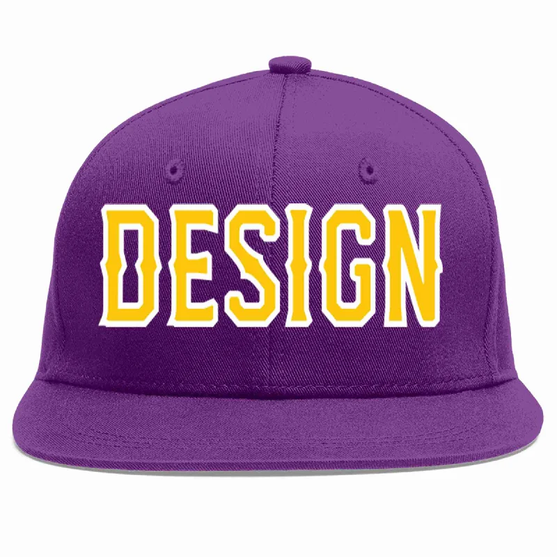 Baseball Cap For College Sports Teams-Custom Purple Gold-White Flat Eaves Sport Baseball Cap Design for Men/Women/Youth