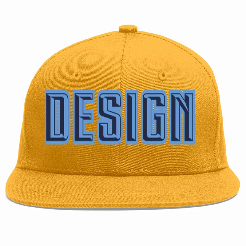 Baseball Cap For Sports Fan Gear-Custom Gold Navy-Light Blue Flat Eaves Sport Baseball Cap Design for Men/Women/Youth