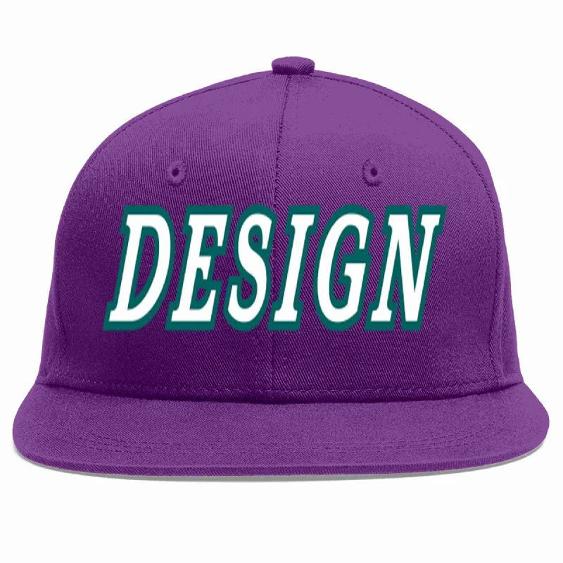 Baseball Cap With Personalized Embroidery-Custom Purple White-Aqua Flat Eaves Sport Baseball Cap Design for Men/Women/Youth