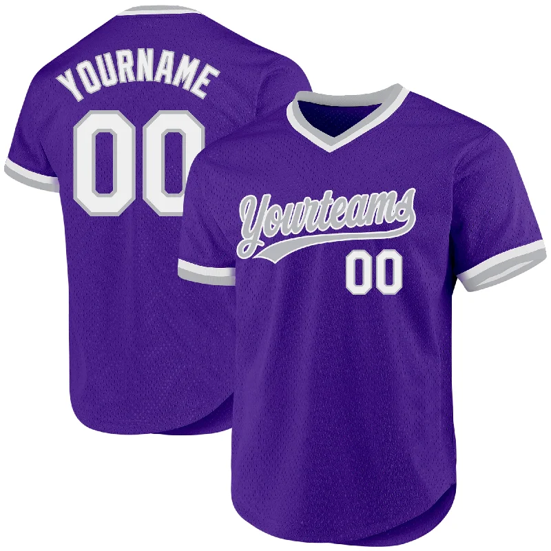 Baseball Jersey With Team Logo-Custom Purple White-Gray Authentic Throwback Baseball Jersey