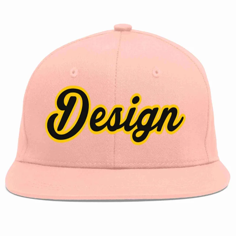 Baseball Cap For College Team Merchandise-Custom Pink Black-Gold Flat Eaves Sport Baseball Cap Design for Men/Women/Youth