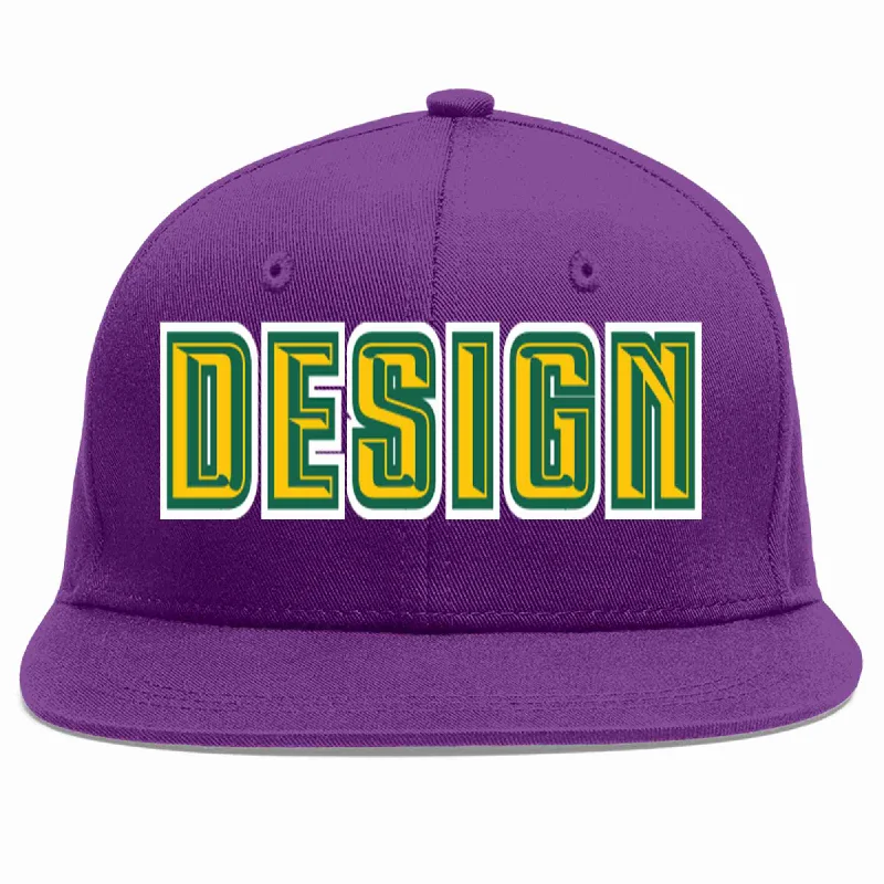 Baseball Cap For College Fan Orders-Custom Purple Gold-Kelly Green Flat Eaves Sport Baseball Cap Design for Men/Women/Youth