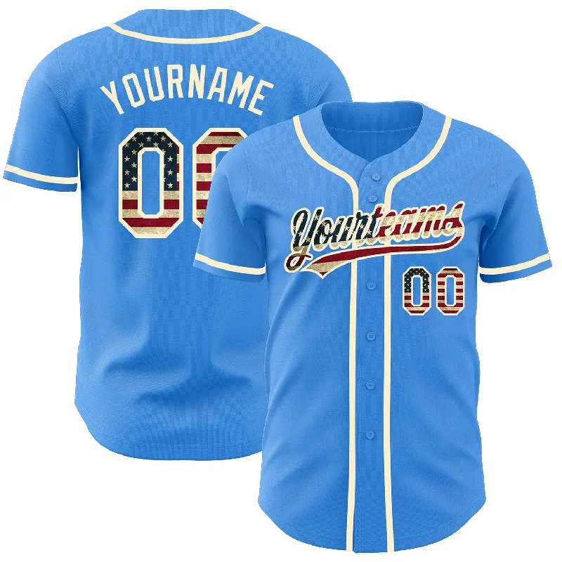 Baseball Jersey With Custom Player Numbers-Custom Electric Blue Vintage USA Flag-Cream Authentic Baseball Jersey