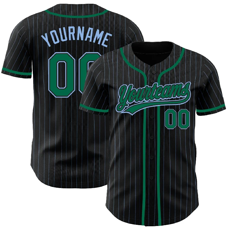 Baseball Jersey For Custom High School Orders-Custom Black Light Blue Pinstripe Kelly Green Authentic Baseball Jersey