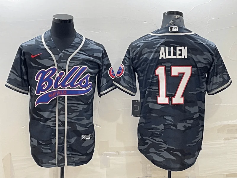 Baseball Jersey For Custom Designs-Men's Buffalo Bills Blank #17 Josh Allen Grey Navy Camo With Patch Cool Base Stitched Baseball Jersey