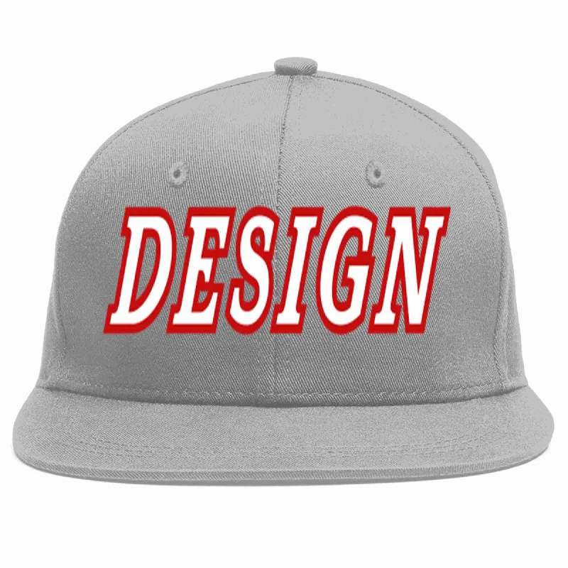 Baseball Cap For Outdoor Sports Events-Custom Gray White-Red Flat Eaves Sport Baseball Cap Design for Men/Women/Youth