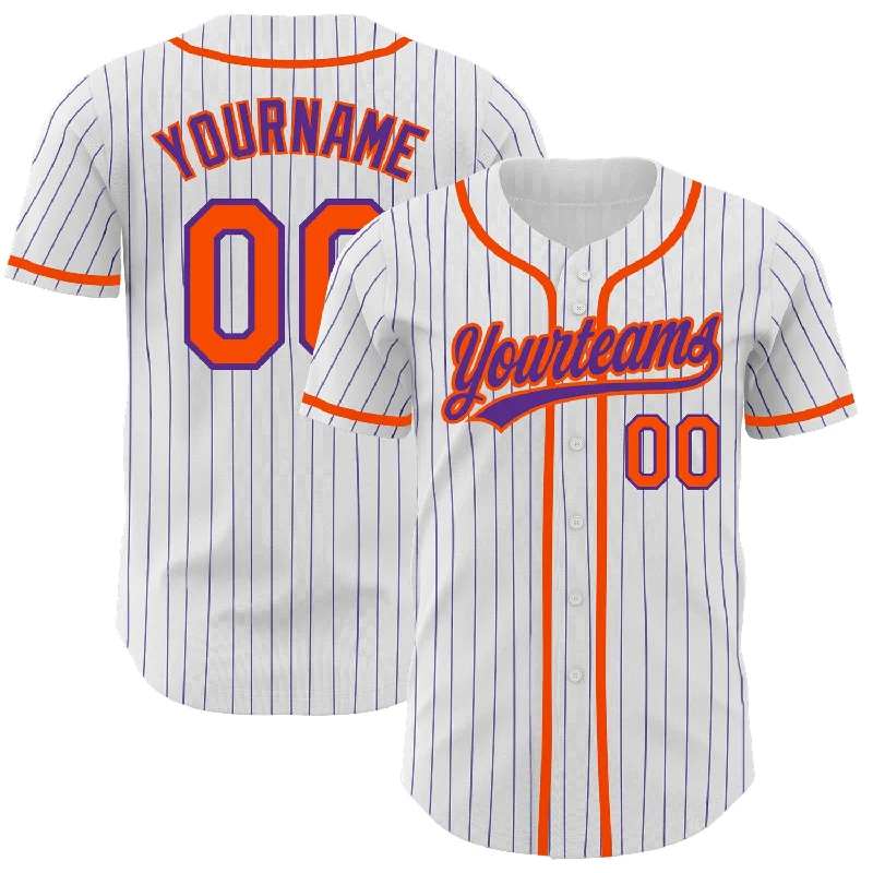 Baseball Jersey For Custom Designs-Custom White Purple Pinstripe Orange Authentic Baseball Jersey