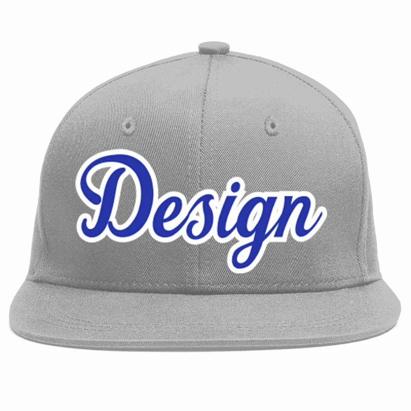 Baseball Cap With Custom Patches And Logos-Custom Gray Royal-White Flat Eaves Sport Baseball Cap Design for Men/Women/Youth