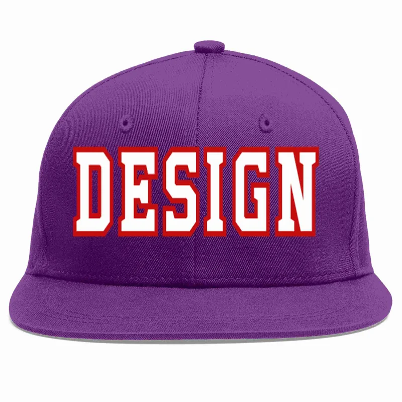 Baseball Cap For Team Uniforms-Custom Purple White-Red Flat Eaves Sport Baseball Cap Design for Men/Women/Youth