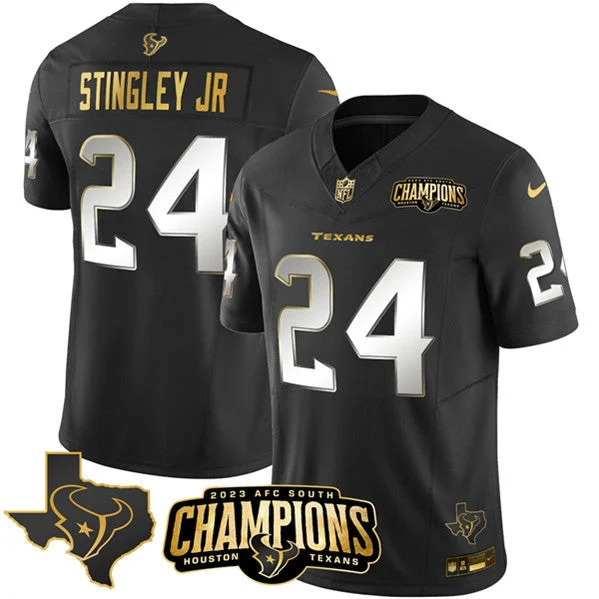 Football Jersey For High-Quality Custom Orders-Men's Houston Texans #24 Derek Stingley Jr. Black Golden 2023 F.U.S.E. With AFC South Champions Patch And Team Logo Patch Limited Football Stitched Jersey