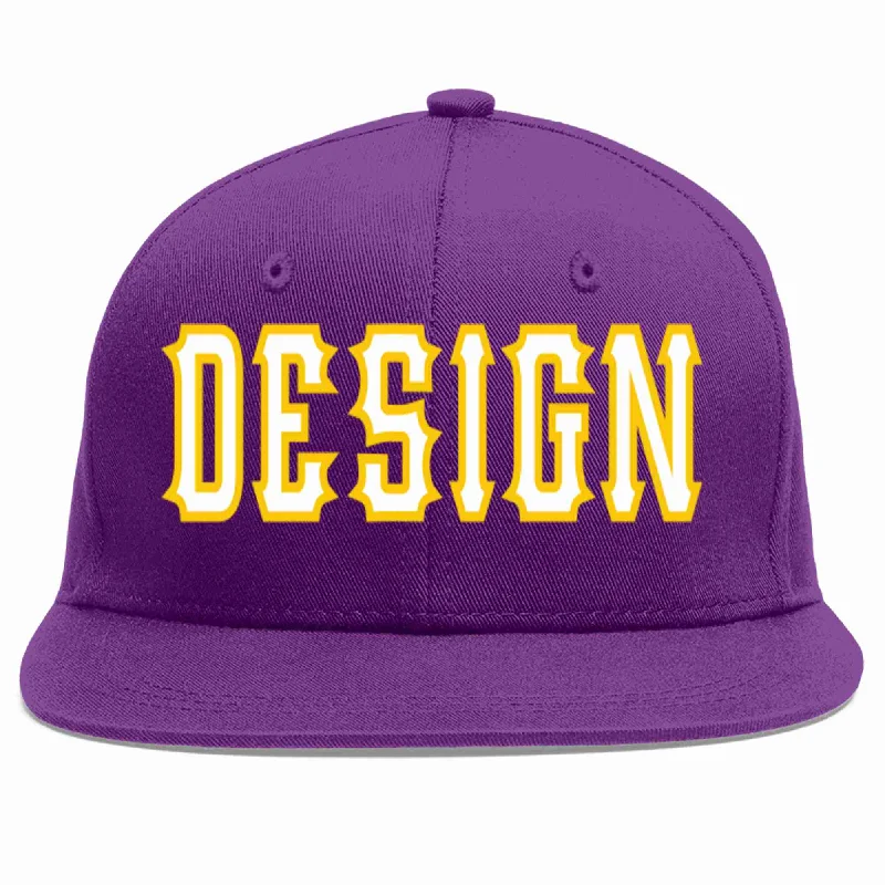 Baseball Cap With Personalized Stitching Options-Custom Purple White-Gold Flat Eaves Sport Baseball Cap Design for Men/Women/Youth