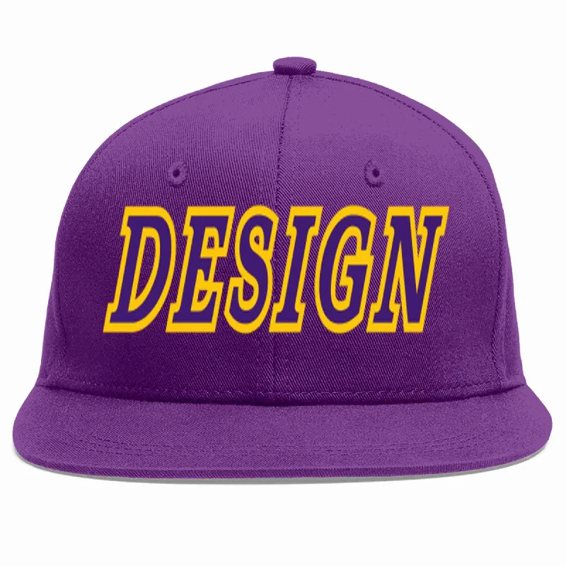 Baseball Cap With Personalized Design-Custom Purple purple-Gold Flat Eaves Sport Baseball Cap Design for Men/Women/Youth