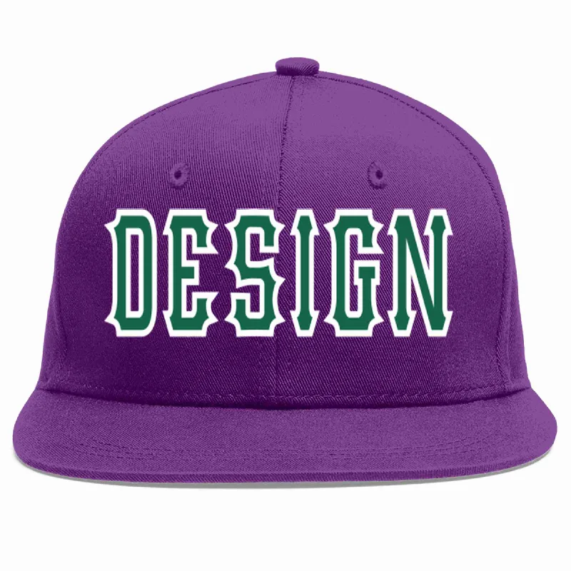 Baseball Cap For Baseball Game Days-Custom Purple Kelly Green-White Flat Eaves Sport Baseball Cap Design for Men/Women/Youth