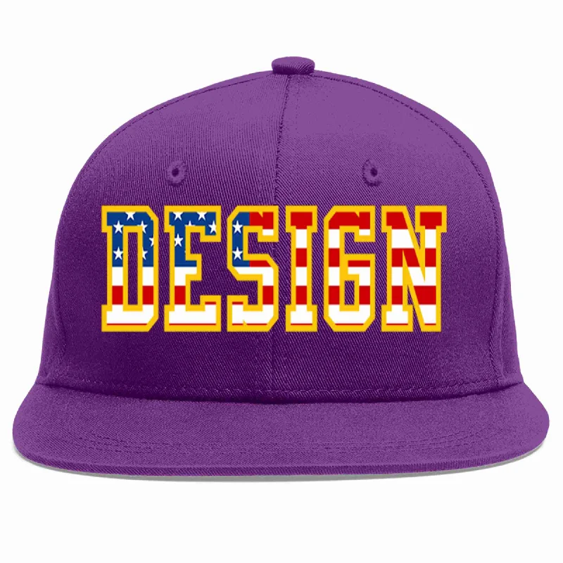 Baseball Cap For School Spirit Merchandise-Custom Purple Vintage USA Flag-Gold Flat Eaves Sport Baseball Cap Design for Men/Women/Youth