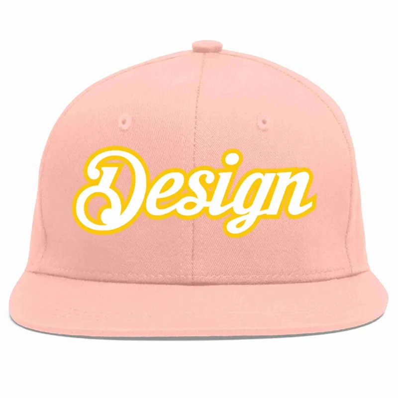 Baseball Cap For Team Merchandise-Custom Pink White-Gold Flat Eaves Sport Baseball Cap Design for Men/Women/Youth