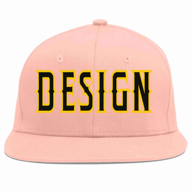 Baseball Cap With Player Name And Number-Custom Pink Black-Gold Flat Eaves Sport Baseball Cap Design for Men/Women/Youth