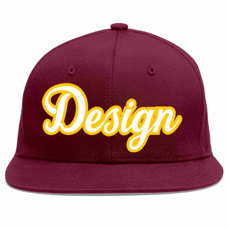 Baseball Cap For Custom Fan Merchandise Orders-Custom Crimson White-Gold Flat Eaves Sport Baseball Cap Design for Men/Women/Youth