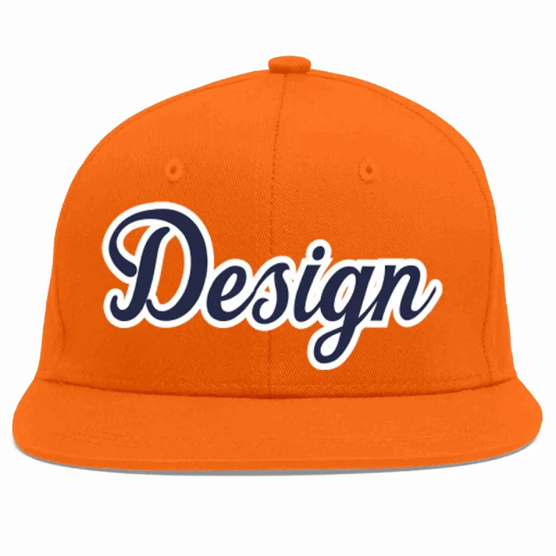 Baseball Cap For Special Occasions-Custom Orange Navy-White Flat Eaves Sport Baseball Cap Design for Men/Women/Youth