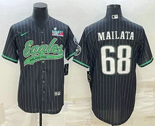 Baseball Jersey For Custom Team Merchandising-Men's Philadelphia Eagles #68 Jordan Mailata Black Pinstripe With Super Bowl LVII Patch Cool Base Stitched Baseball Jersey