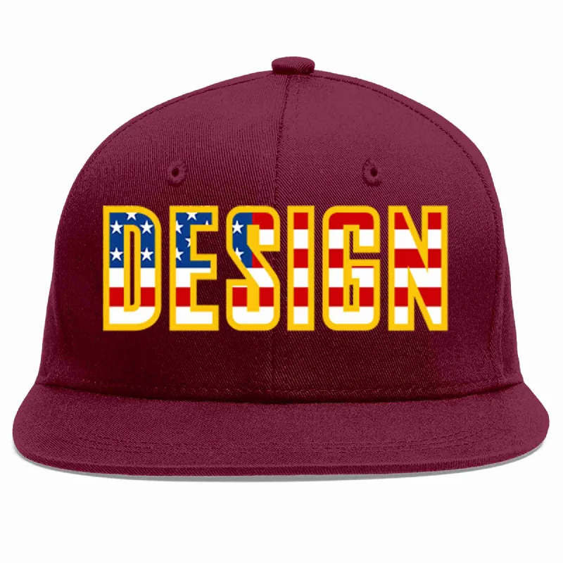 Baseball Cap For High School Custom Orders-Custom Crimson Vintage USA Flag-Gold Flat Eaves Sport Baseball Cap Design for Men/Women/Youth