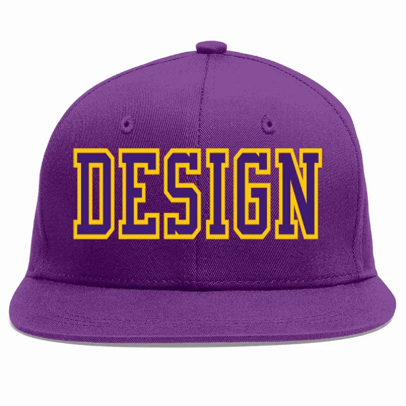 Baseball Cap For Team Supporters And Fans-Custom Purple purple-Gold Flat Eaves Sport Baseball Cap Design for Men/Women/Youth