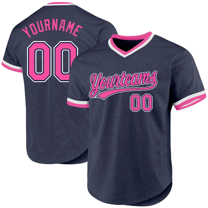 Baseball Jersey For Softball Team Customization-Custom Navy Pink-White Authentic Throwback Baseball Jersey