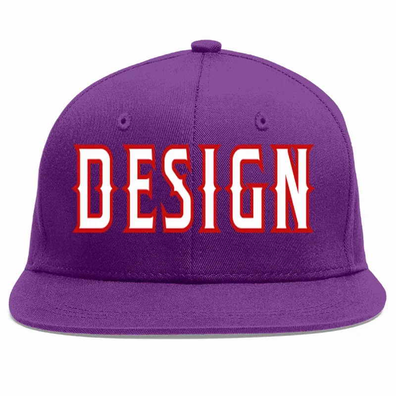 Baseball Cap For Personalized School Spirit-Custom Purple White-Red Flat Eaves Sport Baseball Cap Design for Men/Women/Youth