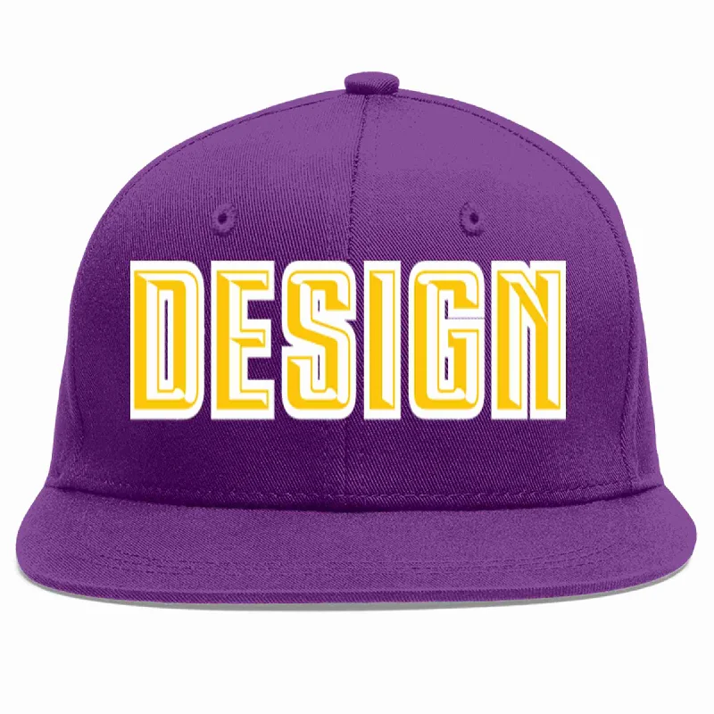 Baseball Cap For Custom Order Fan Gear-Custom Purple Gold-White Flat Eaves Sport Baseball Cap Design for Men/Women/Youth