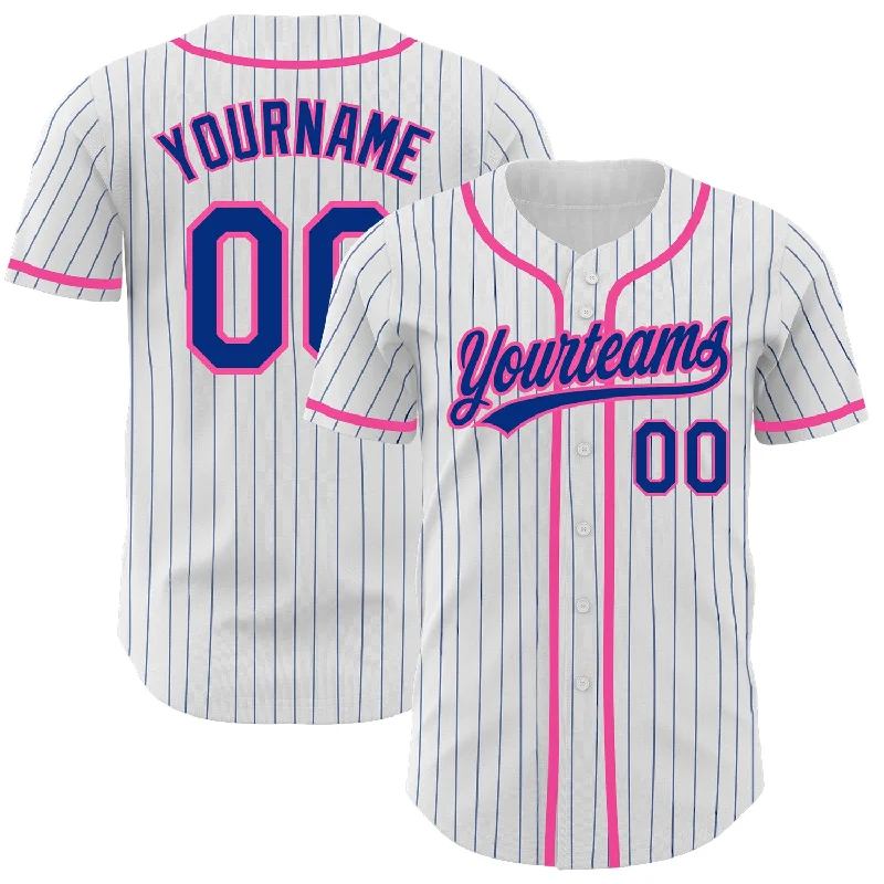 Baseball Jersey With Custom Patch Designs-Custom White Royal Pinstripe Royal-Pink Authentic Baseball Jersey