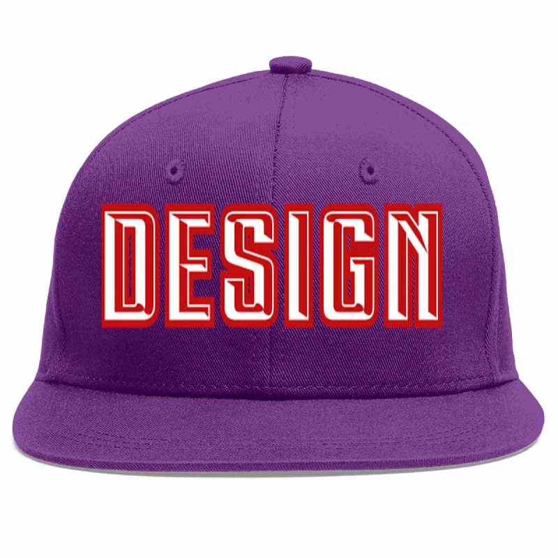 Baseball Cap With Personalized Logos-Custom Purple White-Red Flat Eaves Sport Baseball Cap Design for Men/Women/Youth