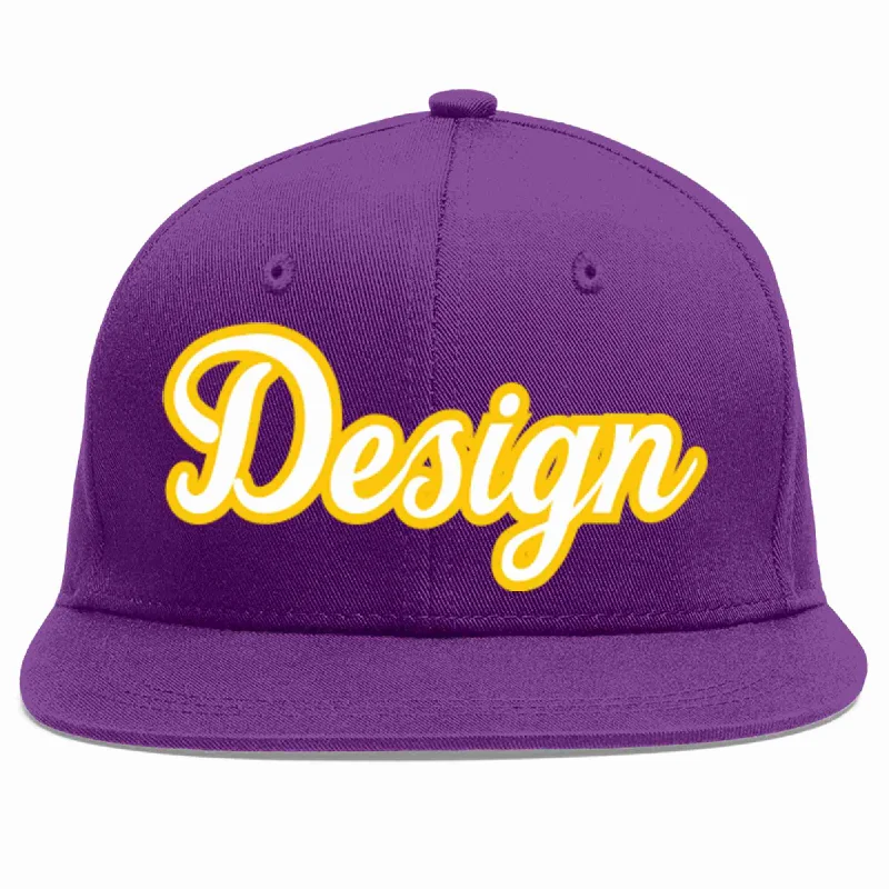 Baseball Cap With Personalized Embroidered Names-Custom Purple White-Gold Flat Eaves Sport Baseball Cap Design for Men/Women/Youth