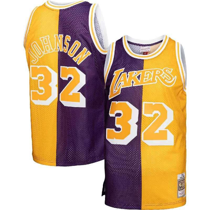 Basketball Jersey For Fan Merchandise-Magic Johnson Los Angeles Lakers Big & Tall Hardwood Classics 1984/85 Split Swingman Basketball Jersey - Purple/gold