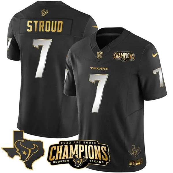 Football Jersey For Team Fundraising Campaigns-Men's Houston Texans #7 C.J. Stroud Black Golden 2023 F.U.S.E. With AFC South Champions Patch And Team Logo Patch Limited Football Stitched Jersey