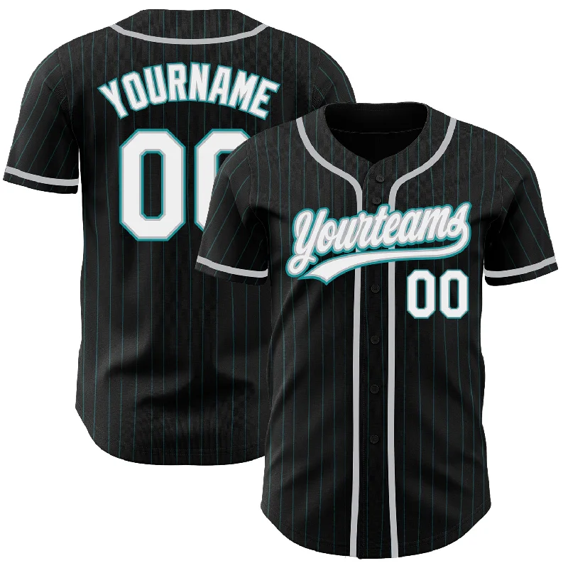 Baseball Jersey For Baseball Team Fan Gear-Custom Black Teal Pinstripe White-Gray Authentic Baseball Jersey