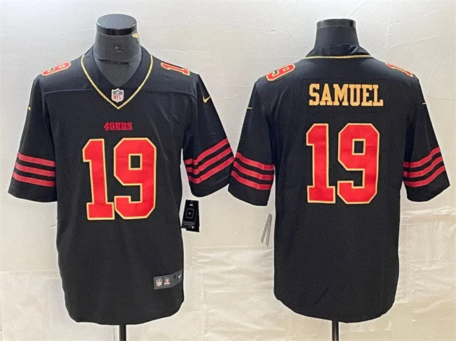 Football Jersey For Youth Team Fan Gear-Men's San Francisco 49ers #19 Deebo Samuel Black Gold Football Stitched Jersey