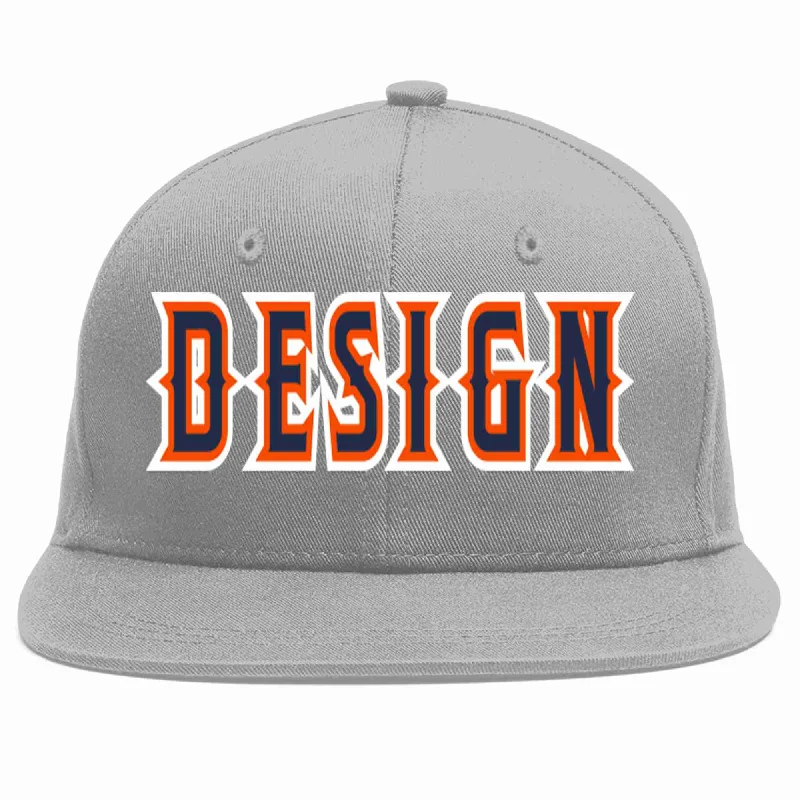 Baseball Cap With Team Name Customization-Custom Gray Navy-Orange Flat Eaves Sport Baseball Cap Design for Men/Women/Youth