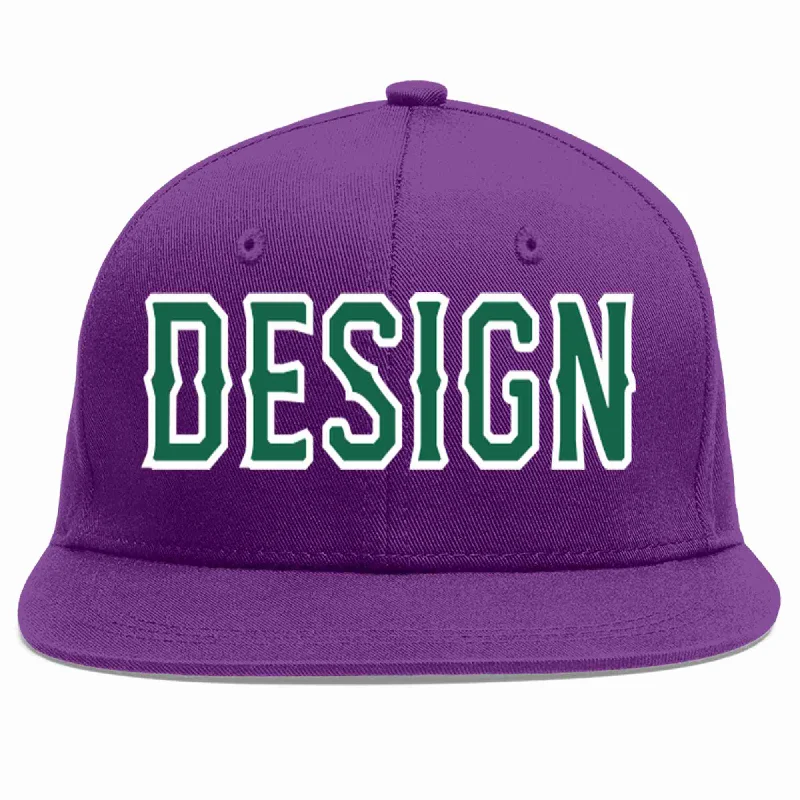 Baseball Cap For High School Custom Orders-Custom Purple Kelly Green-White Flat Eaves Sport Baseball Cap Design for Men/Women/Youth