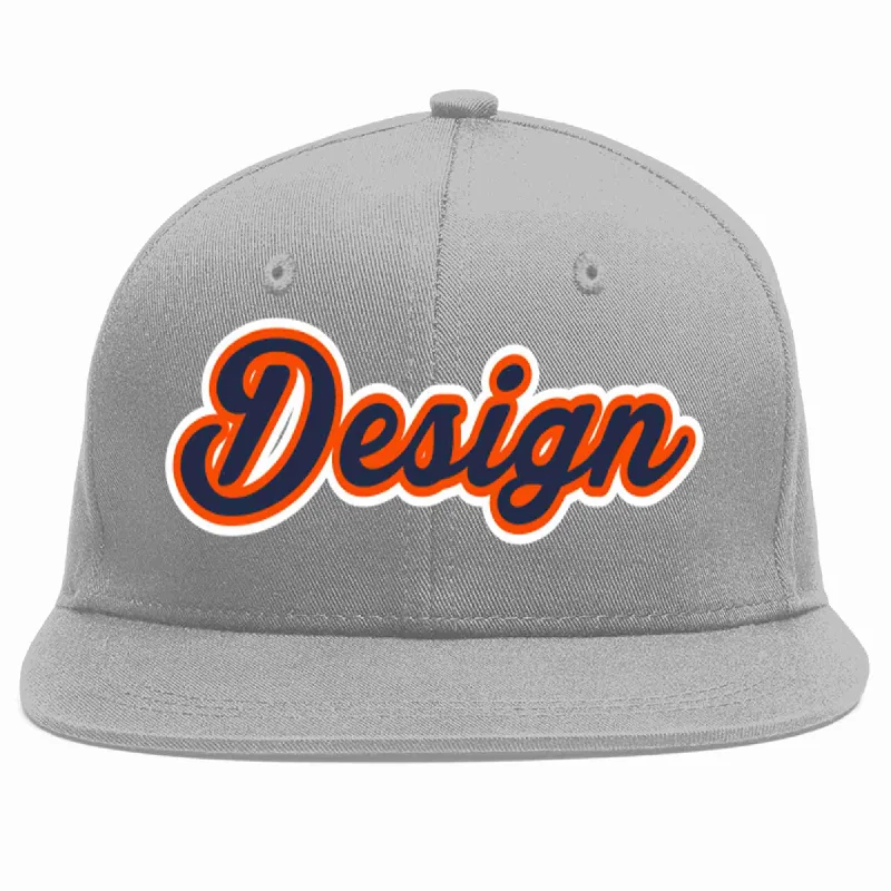 Baseball Cap For Fundraisers-Custom Gray Navy-Orange Flat Eaves Sport Baseball Cap Design for Men/Women/Youth