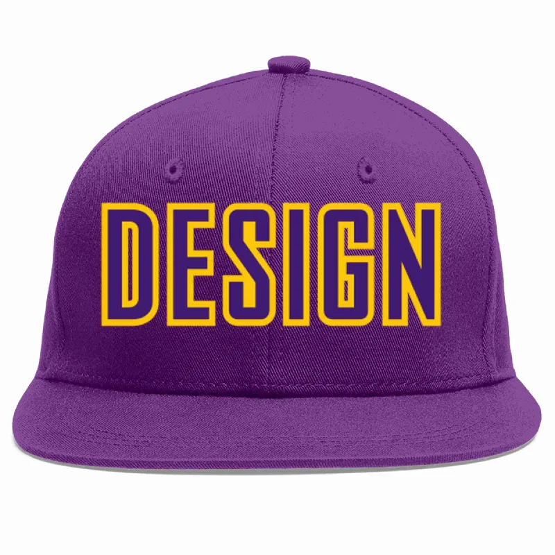 Baseball Cap For Personalized Gifts And Orders-Custom Purple purple-Gold Flat Eaves Sport Baseball Cap Design for Men/Women/Youth