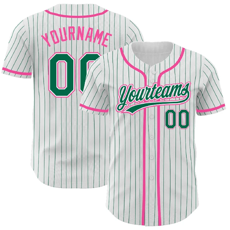 Baseball Jersey For Personalized Tournament Gear-Custom White Kelly Green Pinstripe Kelly Green-Pink Authentic Baseball Jersey