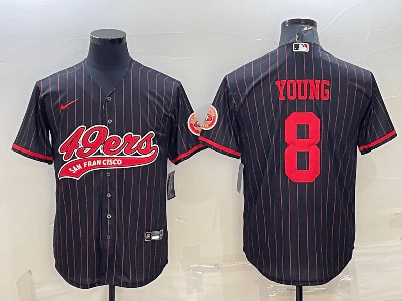 Baseball Jersey For Team Logo Customization-Men's San Francisco 49ers #8 Steve Young Black Pinstripe With Patch Cool Base Stitched Baseball Jersey