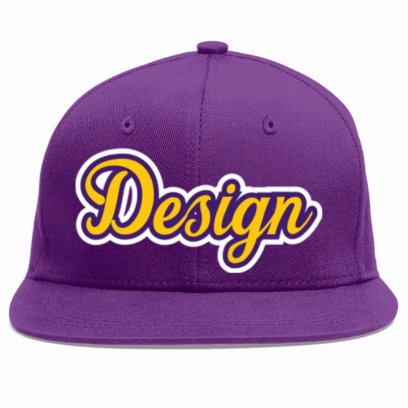 Baseball Cap For College And University Teams-Custom Purple Gold-purple Flat Eaves Sport Baseball Cap Design for Men/Women/Youth