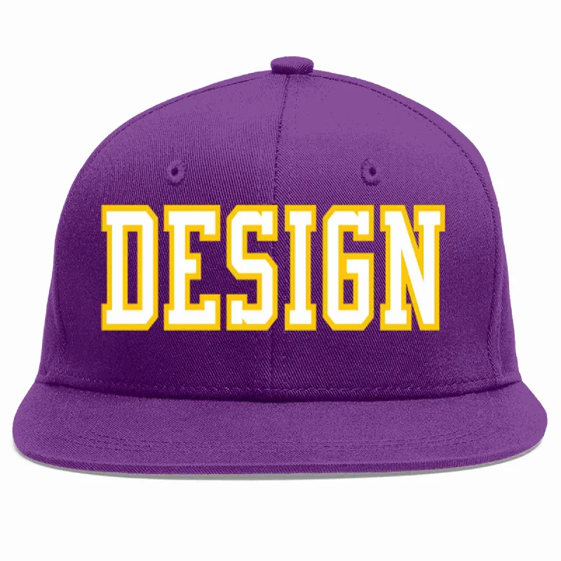 Baseball Cap For Softball Teams-Custom Purple White-Gold Flat Eaves Sport Baseball Cap Design for Men/Women/Youth