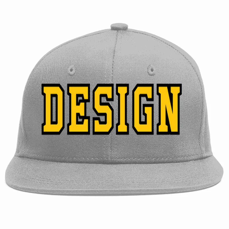 Baseball Cap For School Spirit Merchandise-Custom Gray Gold-Black Flat Eaves Sport Baseball Cap Design for Men/Women/Youth