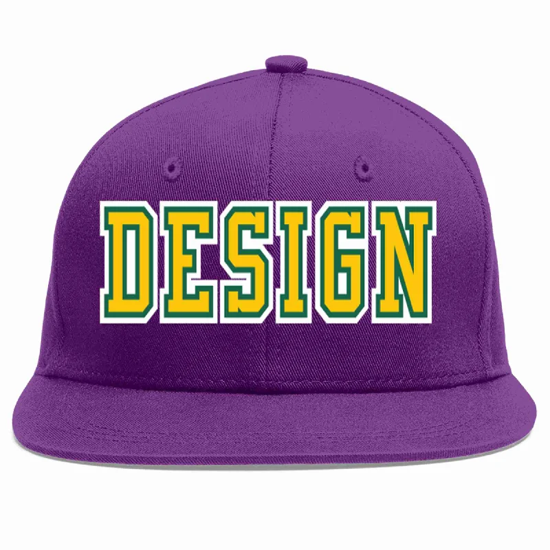 Baseball Cap With Unique Custom Features-Custom Purple Gold-Kelly Green Flat Eaves Sport Baseball Cap Design for Men/Women/Youth