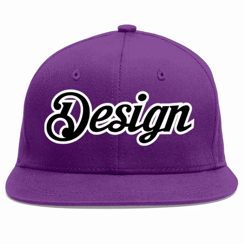 Baseball Cap For School Spirit Merchandise-Custom Purple Black-White Flat Eaves Sport Baseball Cap Design for Men/Women/Youth