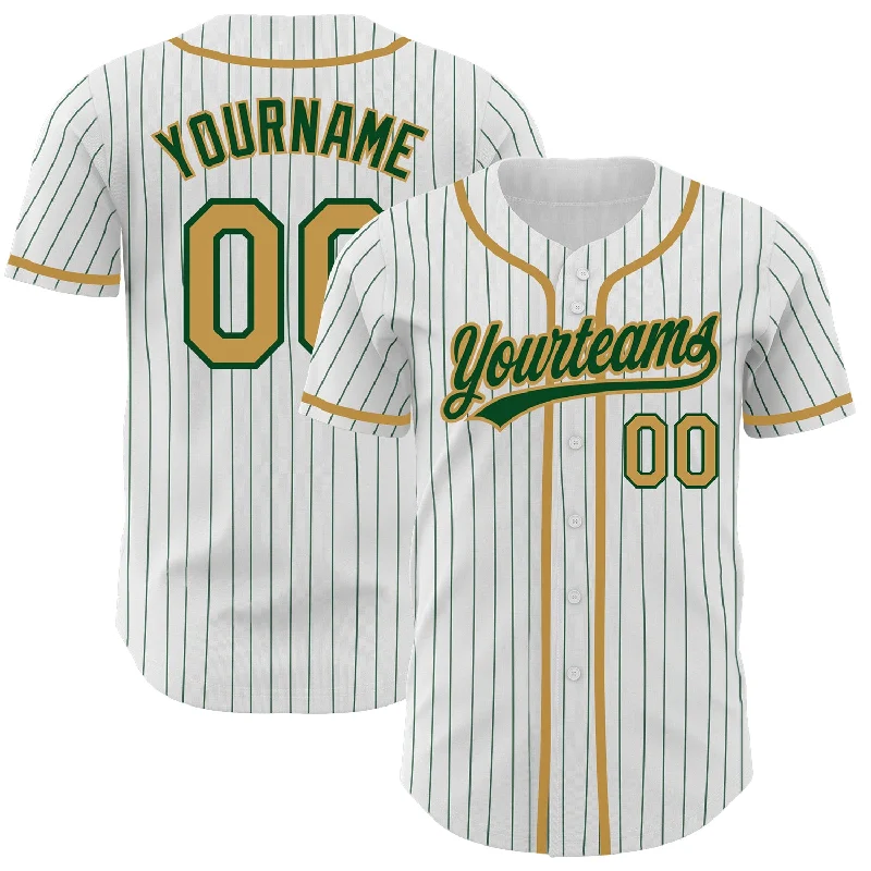 Baseball Jersey For Tournament Custom Orders-Custom White Green Pinstripe Old Gold Authentic Baseball Jersey